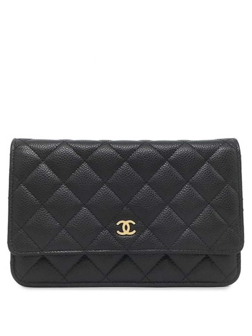 Chanel Chain Wallet Quilted Caviar Leather Black Gold CC Logo Shoulder Bag